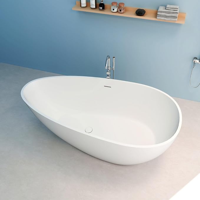 Premium 59" Solid Surface Freestanding Bathtub, Upgraded Oval Stone Resin Egg by HIGEINE