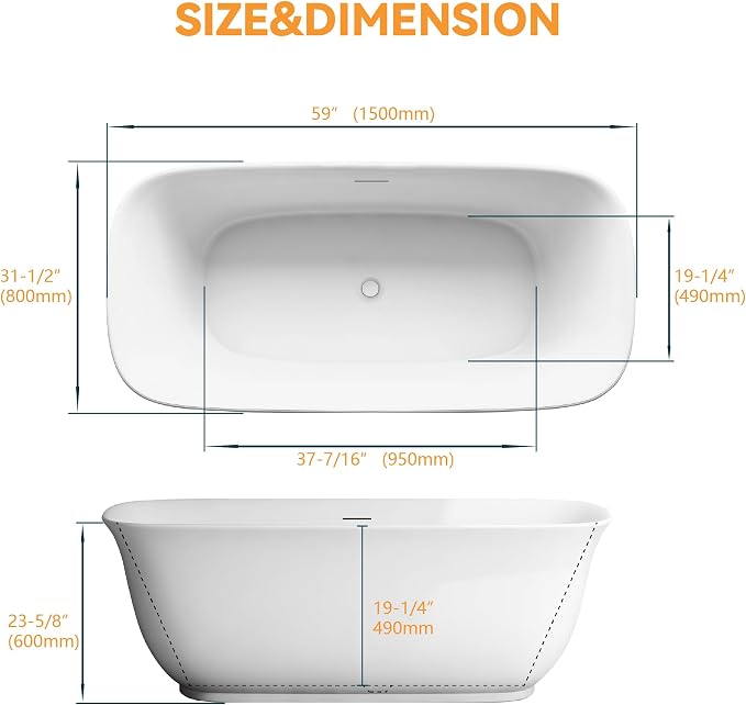 59" Acrylic Freestanding Bathtub, Soaking Tub - Image 8