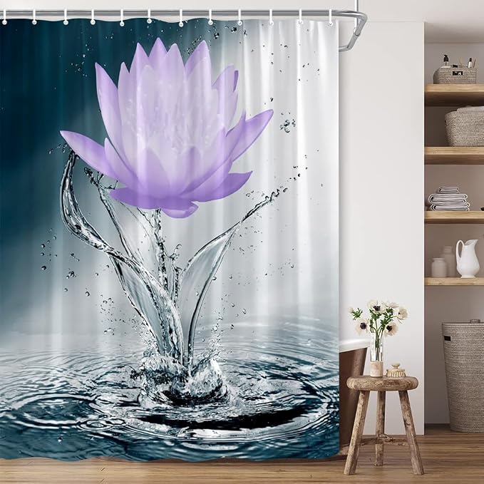 Lotus Shower Curtain Black White Blue Violet Flower Elegant Blooming Floral - Image 4