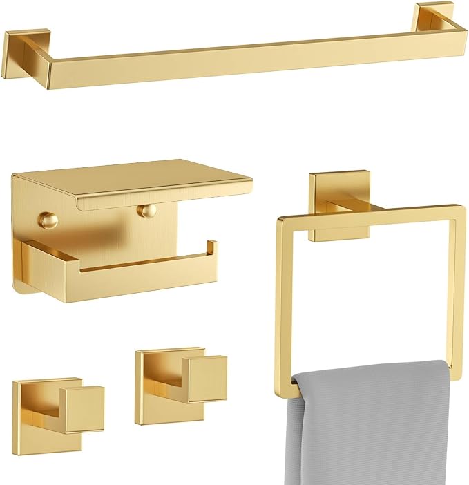 Brushed Gold Towel Bar Set 5 Pieces Bathroom Hardware Accessories Set, Upgraded by Woekme
