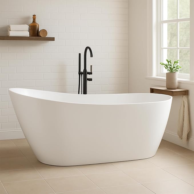 67 in Acrylic Freestanding Bathtub, Contemporary Stand Alone Tub, Glossy White - Image 6