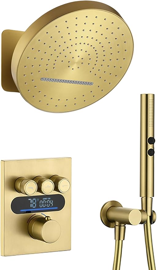 Lefton Shower System in Fahrenheit Display, 13” Overhead Round Rainfall Shower by LeftonSanitary