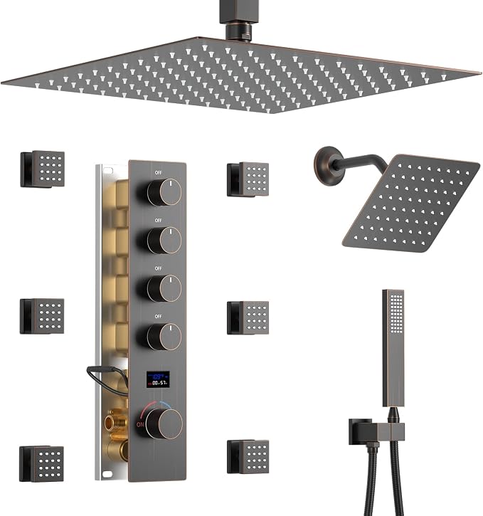 Temperature Display Oil Rubbed Bronze Shower System, Push Button Shower Faucet by KATAIS