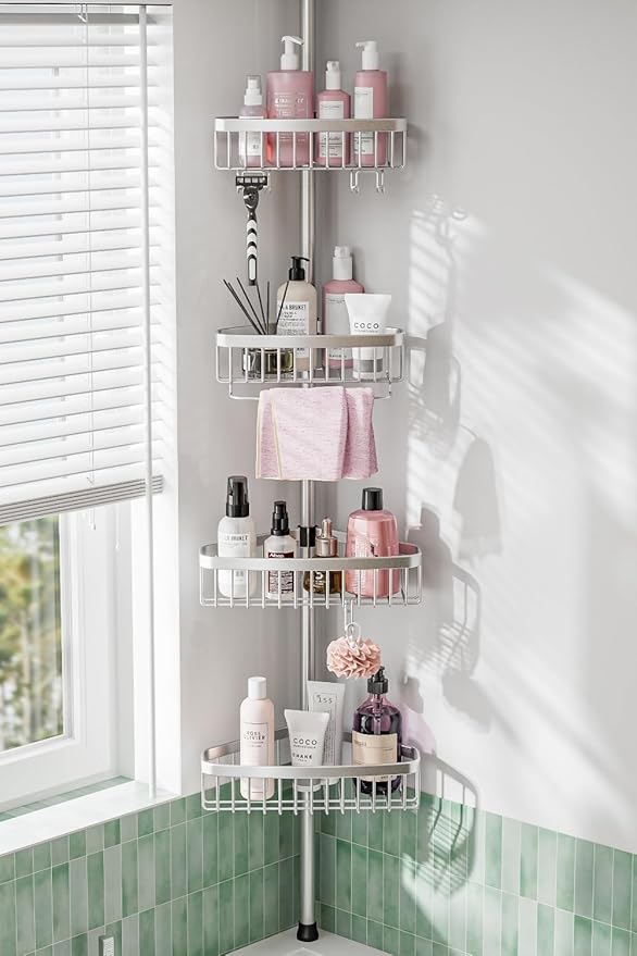 Corner Shower Caddy Tension Pole: Adjustable Rustproof 4-Tier Inside Bathroom by ESSEMELLC