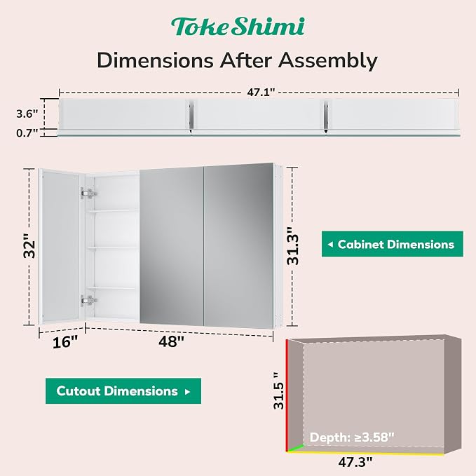TokeShimi 48x32 Mirror with Stepless Adjustable Storage, Aluminum Tempered - Image 2