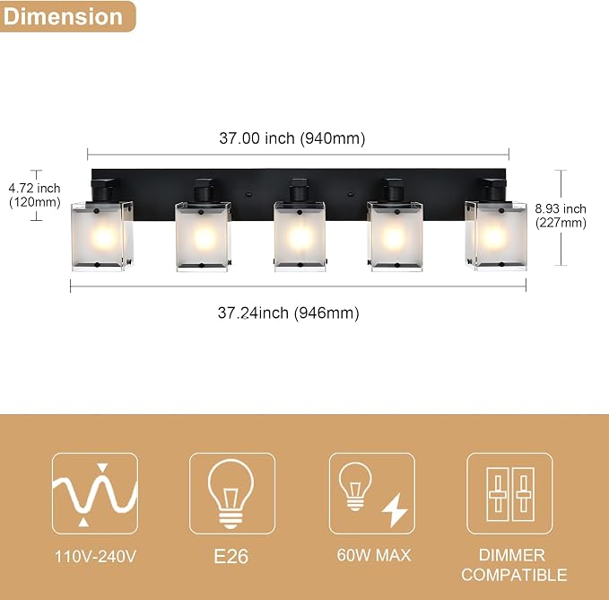 5-Lights Bathroom Light Fixtures, Matte Black Modern Vanity Lights - Image 4