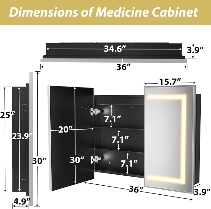 APRILSOUL 36X30 Inch Silver Bathroom Medicine Cabinet - Image 4