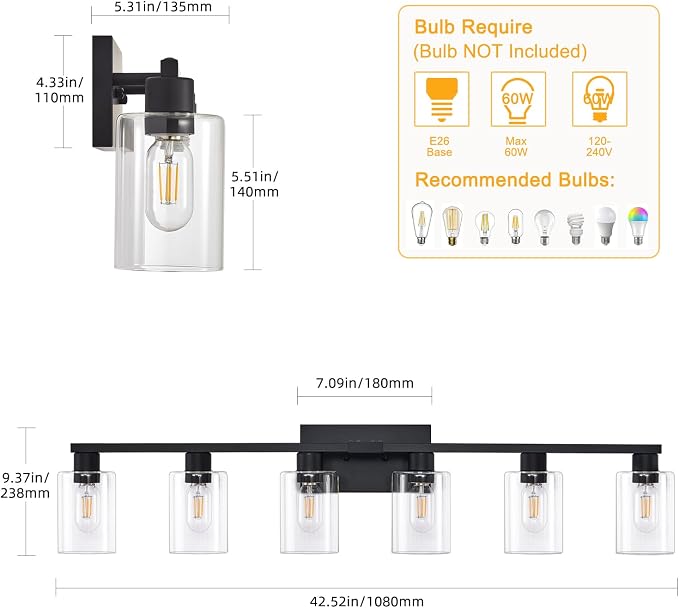 6-Light Bathroom Vanity Light Black Vanity Lights - Image 6