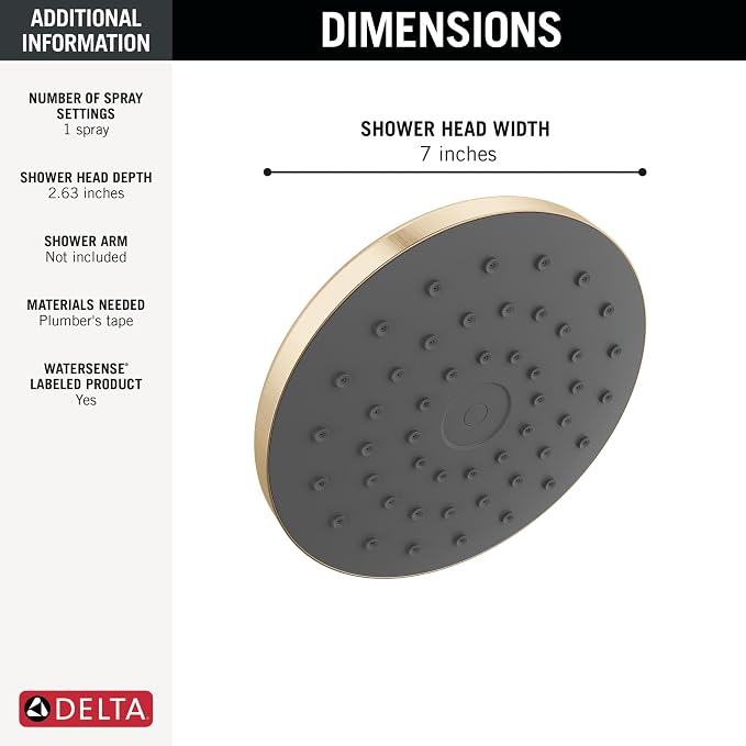 Delta PivotPro Brushed Gold Rain Showerhead, Single Setting 7 Inch Round Shower - Image 4