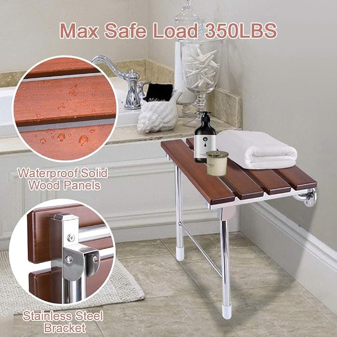 Folding Shower Seat Wall Mounted Bathroom Bathtub Safety Stool Chair, Solid Wood - Image 4
