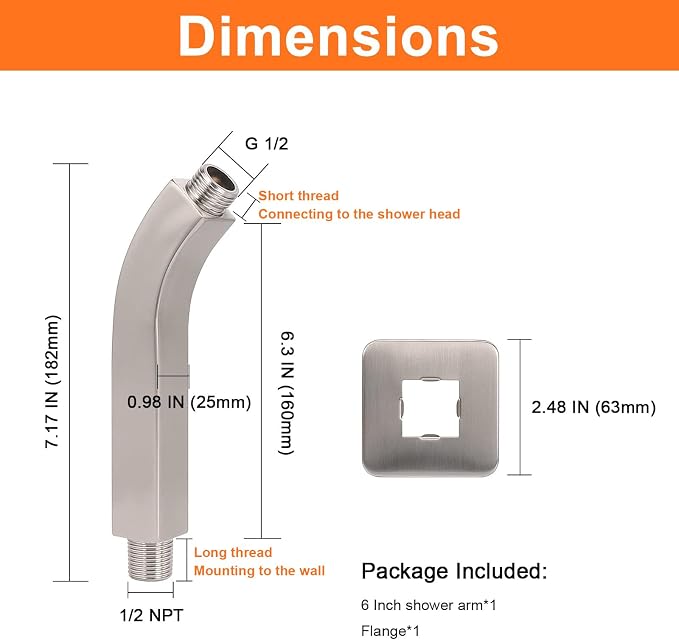 HarJue Shower Arm with Flange and Teflon Tape, Wall Mounted Square Shower Pipe - Image 2