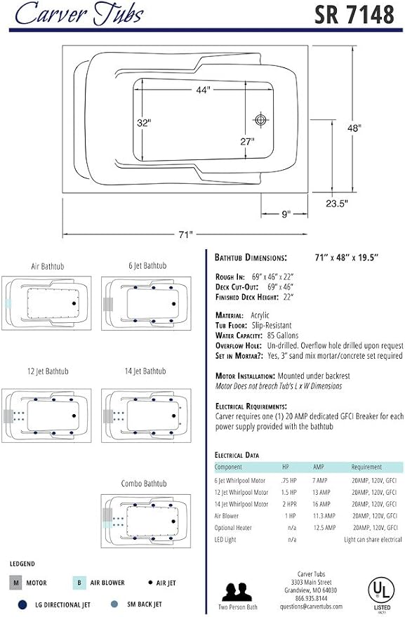 Carver Tubs - SR7148 - Modern Acrylic Fiberglass Soaking Bathtub - Neck Support - Image 6