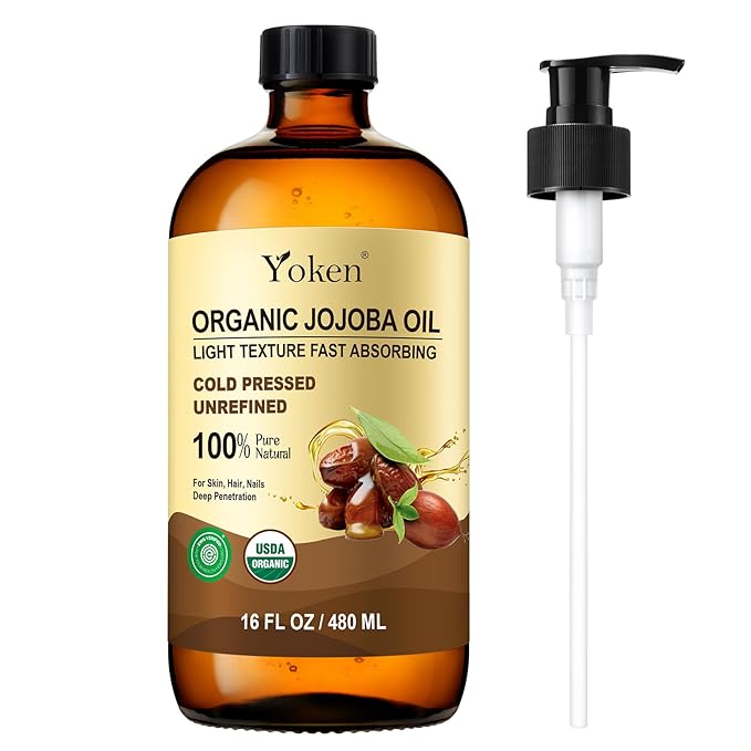 Organic Jojoba Oil Glass Bottle 16 fl oz, USDA Certified 100 Pure & Natural by Yoken