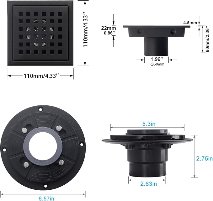 4" Matte Black Shower Floor Drain Square - Image 4