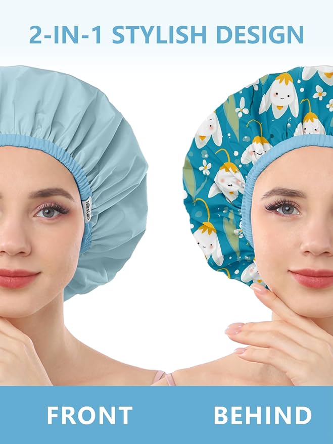Years Calm Shower Caps For Women Reusable Waterproof，Pattern And Solid Color - Image 2