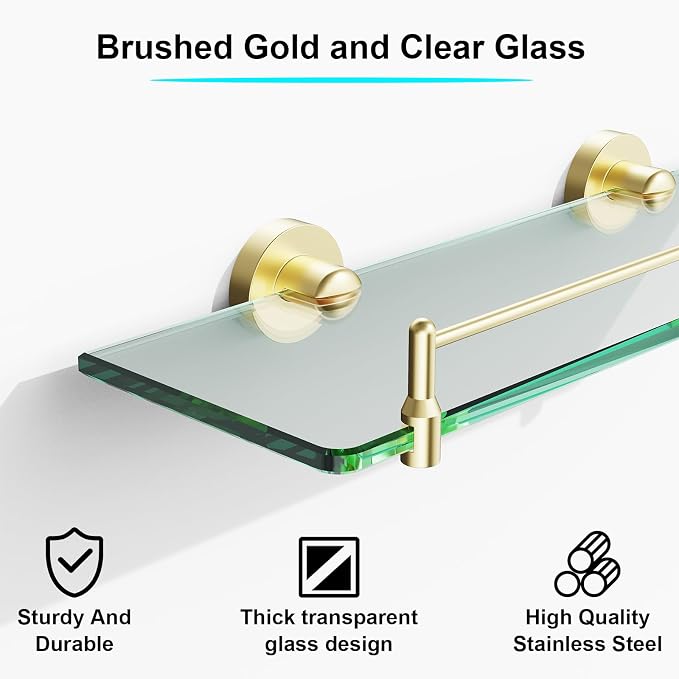 Glass Bathroom Shelves, Brushed Gold Floating Shelves - Image 4