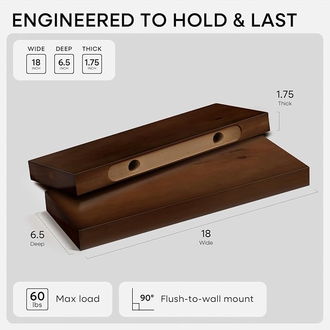 Homeforia Walnut 18 inch Floating Shelf, High End Solid Real Wood 18inch - Image 2