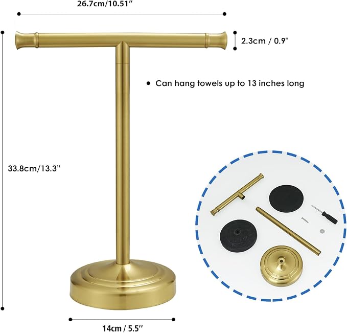 RUMOSE 13 Inch Brushed Gold Towel Stand Hand Towel Holder Bathroom Kitchen - Image 7