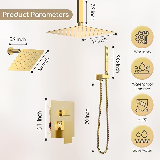 Dual Shower System Brushed Gold, Five Functions Knob Diverter Rainfall Shower - Image 5