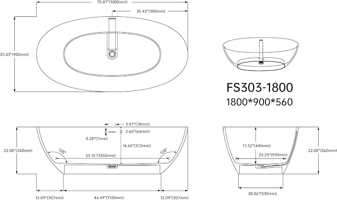 71'' Freestanding Solid Surface Resin Stone Bathtub, Freestanding Tub, - Image 4