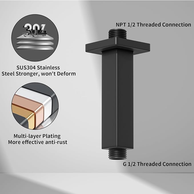 Matte Black Shower Arm with Flange Square Stainless Steel Ceiling Mounted - Image 3