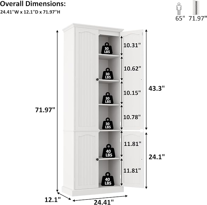 Function Home 72" Kitchen Pantry Cabinet, Tall Wood Storage Cabinet - Image 3