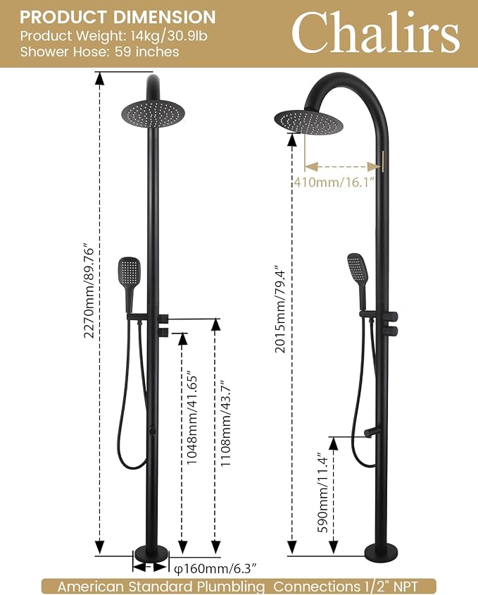 316 Marine Grade Stainless Steel Free Standing Outdoor Shower - Image 7