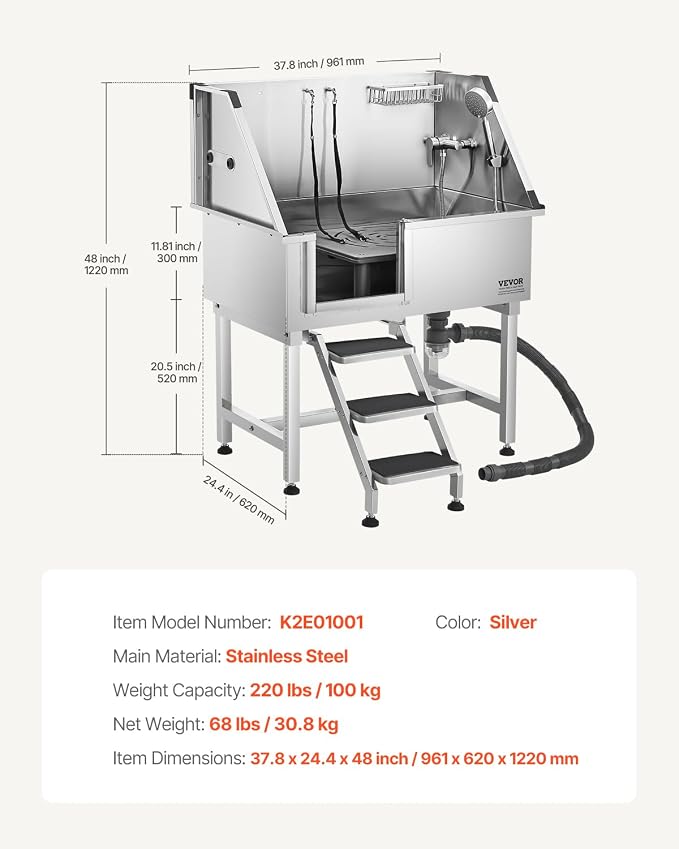 VEVOR 38 Inch Stainless Steel Dog Washing Station, Pet Grooming Tub - Image 7