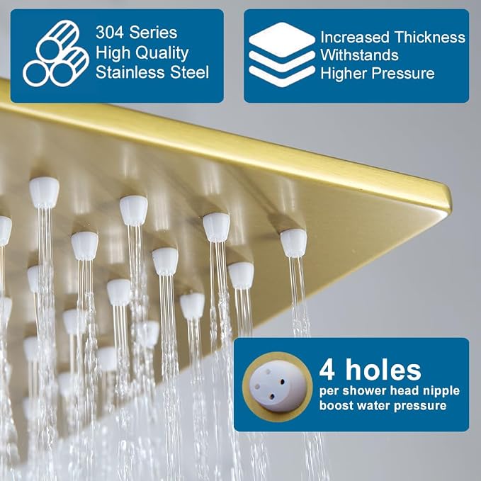 POP SANITARYWARE Shower Faucet Set Brushed Gold Bathroom Rainfall 12 Inch - Image 3