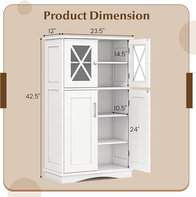 Tangkula Freestanding Floor Cabinet w/2 Glass Doors, 3-Level Adjustable Shelves - Image 3