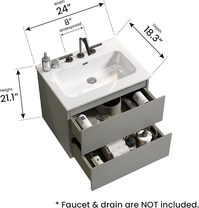 24" Bathroom Vanity with Sink, Modern Floating Vanity with Double Soft Closing - Image 2