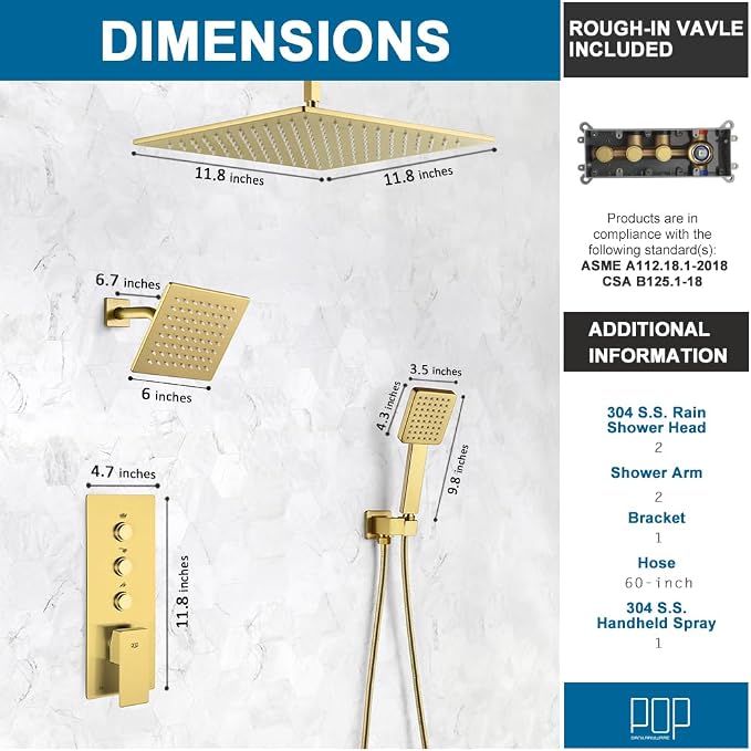 POP SANITARYWARE Shower Faucet Set Brushed Gold Bathroom Rainfall Shower System - Image 7