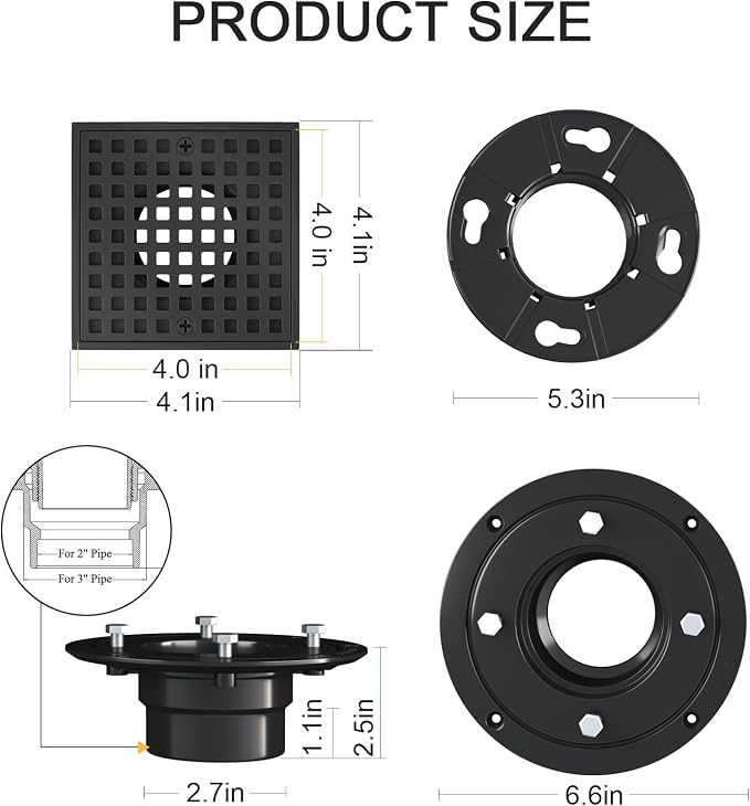 4 Inch Square Shower Floor Drain, Matte Black 304 Stainless Steel Shower Floor - Image 6