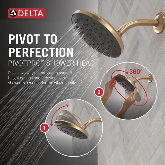 Delta PivotPro Brushed Gold Rain Showerhead, Single Setting 7 Inch Round Shower - Image 2