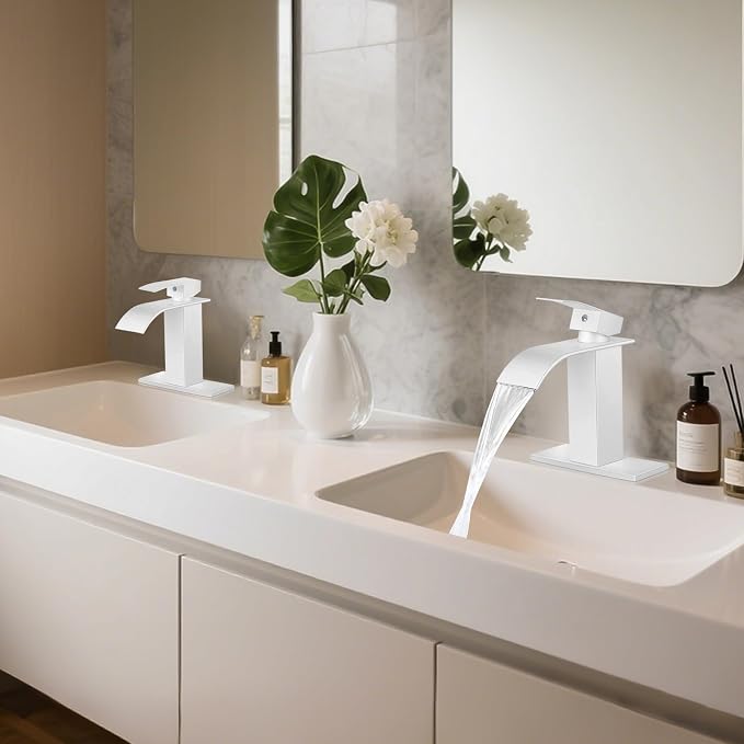 Bathroom Faucets White Waterfall Bathroom Sink Faucet Modern Single Handle - Image 7