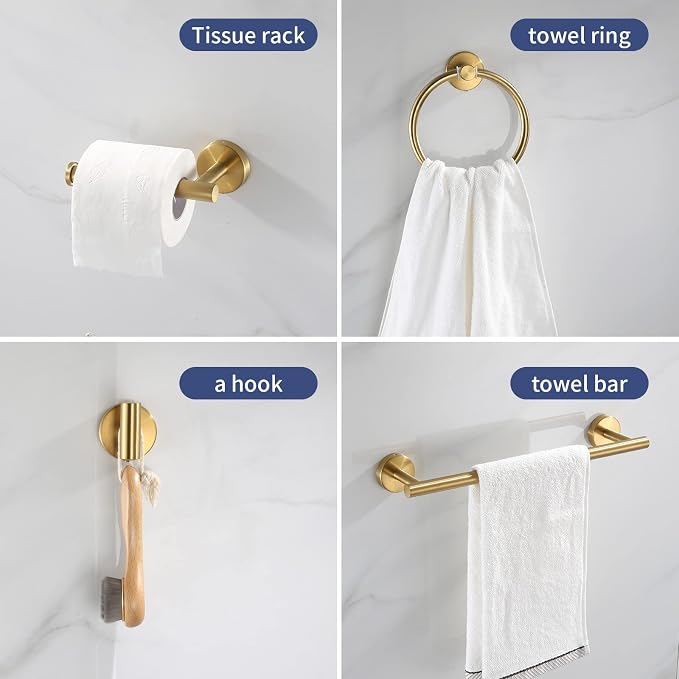 Bathroom Hardware Set Brushed Gold, Toilet Paper Holders, Towel Rings and 4pcs - Image 3