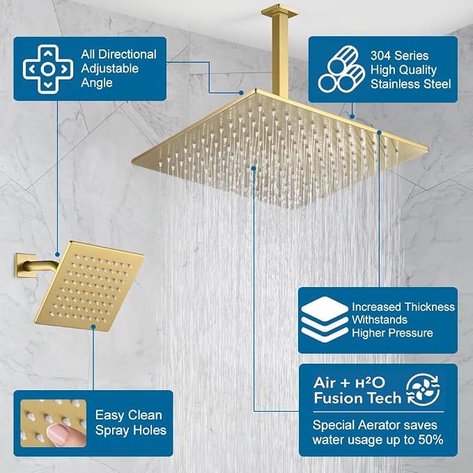 POP SANITARYWARE Brushed Gold Shower Faucet Set, Push Button Diverter Shower - Image 3