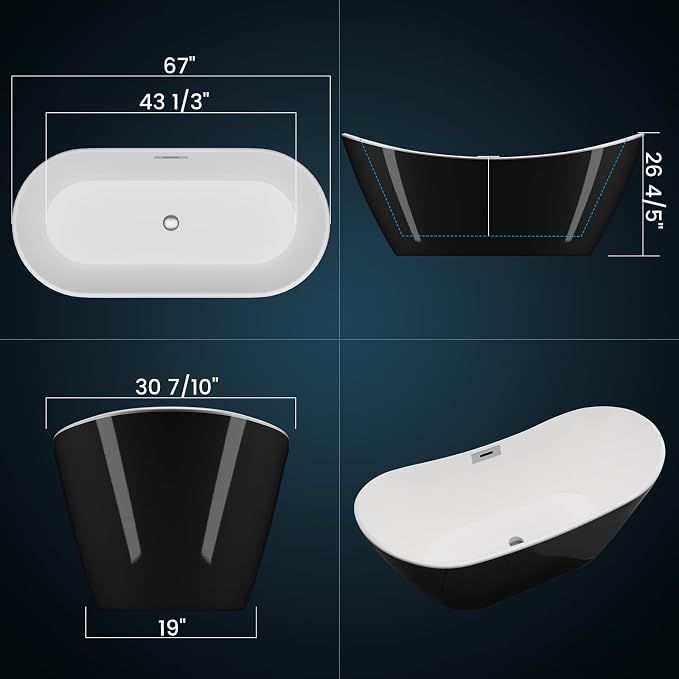 67 in Acrylic Freestanding Bathtub, Contemporary Stand Alone Tub, Oval Bathtub - Image 3