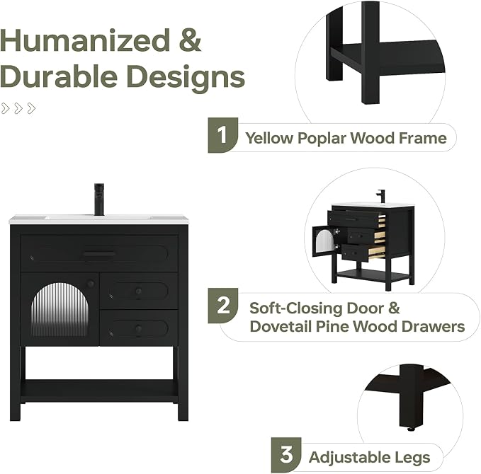 30 Inch Bathroom Vanity with Sink, Modern Black Bathroom Vanity with - Image 3