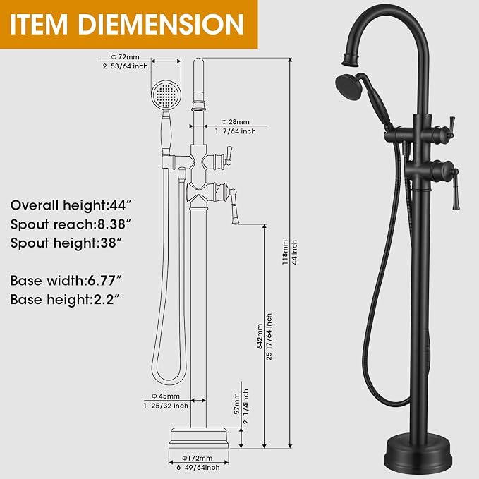 B2311-BK Freestanding Roman Tub Faucet - Image 4