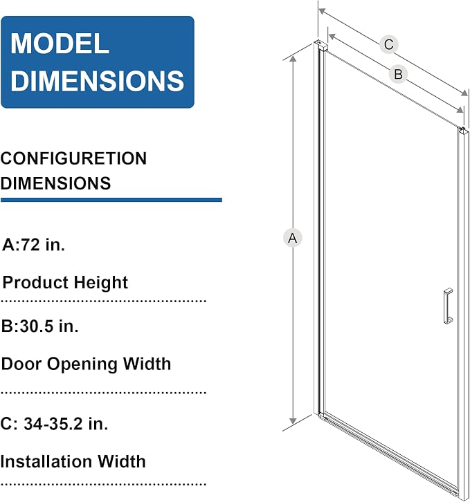 34” x 72” Pivot Shower Door, 1/4 inch Thick Tempered Glass Pivot Swing Shower - Image 8