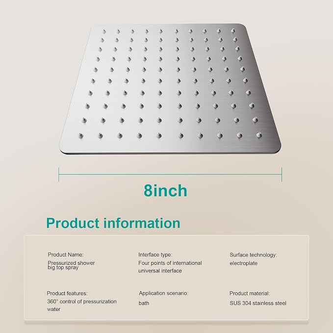 Square Rain Shower Head, High Flow Stainless Steel, Work - Image 2