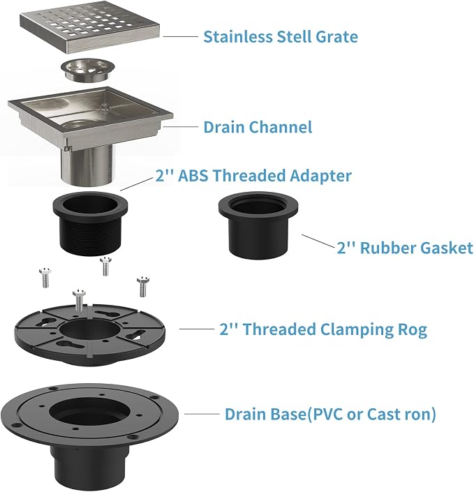 4 Inch Square Shower Floor Drain, Brushed Nickel High Flow Shower Drain Kit - Image 3