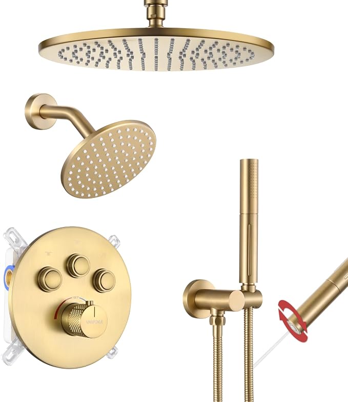 VANFOXLE Thermostatic Shower Faucet Set Brushed Gold Shower System, Push Button by VANFOXLE