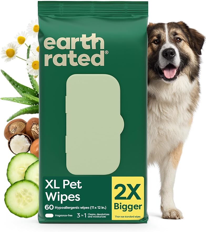 Earth Rated XL Pet Wipes for Dogs & Cats, 3-in-1 Unscented Hypoallergenic by EarthRated