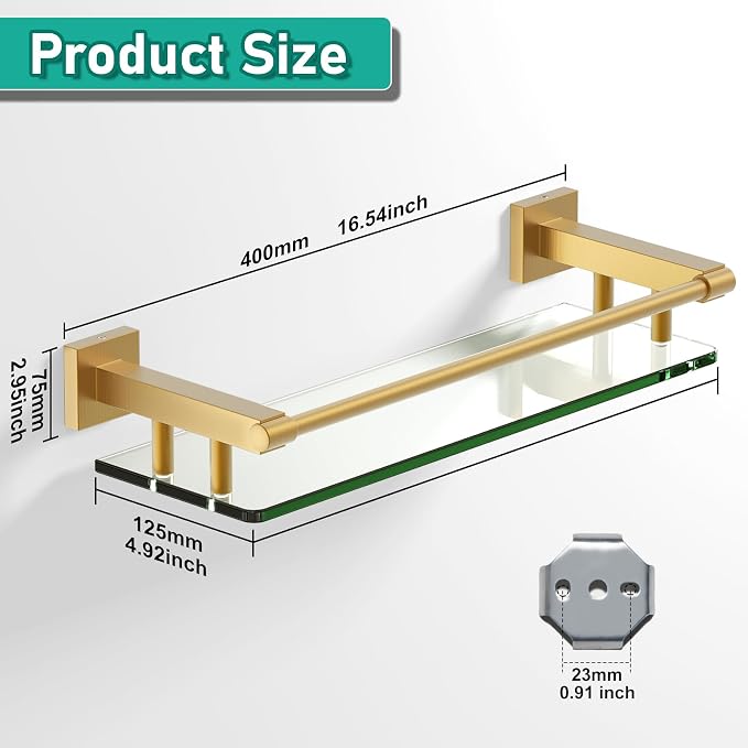 16 Inch Brusheld Gold Bathroom Glass Shelves - Image 2