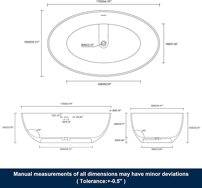 67" Premium Solid Surface Freestanding Bathtubs, Matte Black Oval Stone Resin - Image 4