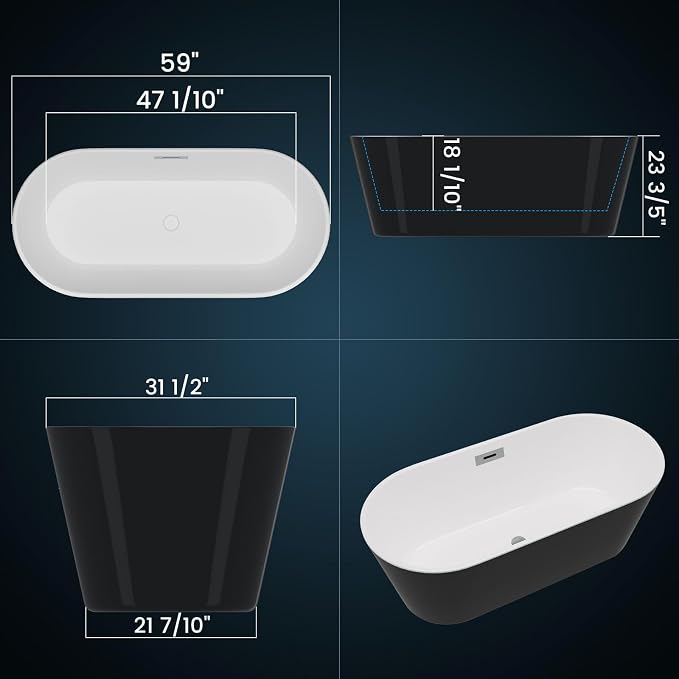 59 Inch Freestanding Acrylic Bathtub, Modern Soaking Tub - Image 2