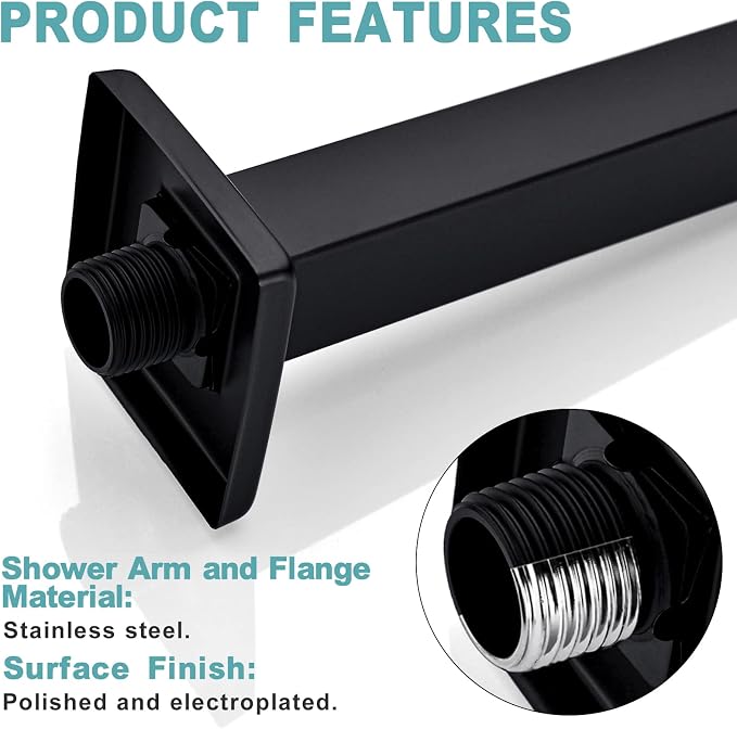 BESTILL 10 Inch Matte Black Ceiling Mount Shower Arm and Flange, Square Rain - Image 5