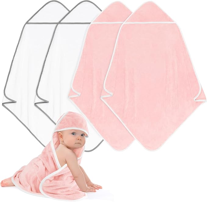 Hooded Towel for Newborn, 4 Pack Soft Coral Fleece Baby Towels, Ultra Absorbent by Unimade